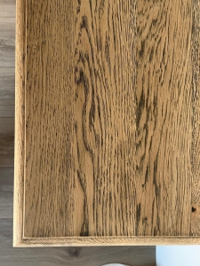 Solid oak tabletop finished with natural oil on Aurelia handcrafted console table.