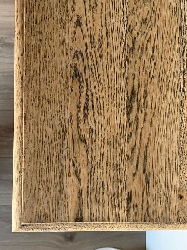 Solid oak tabletop finished with natural oil on Aurelia handcrafted console table.
